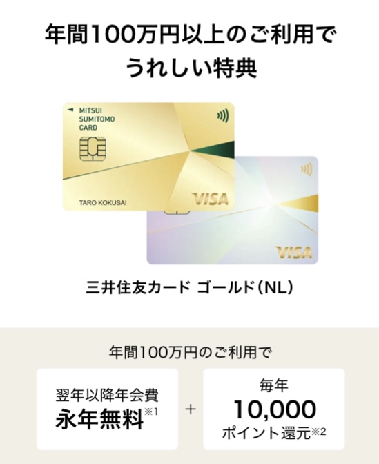 三井住友ゴールドカードを年間100万円利用で翌年以降年会費永年無料+毎年10,000ポイント還元
