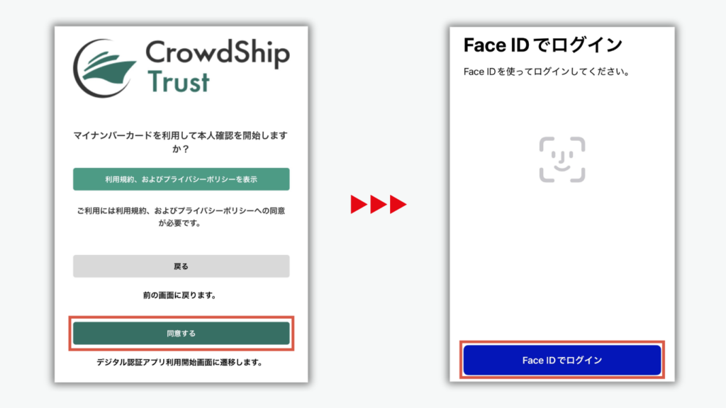 「同意する」をタップして、Face IDでログイン