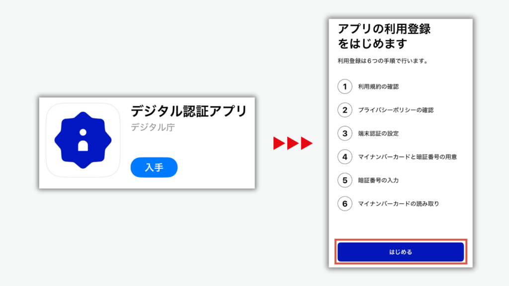 アプリをダウンロードして、「はじめる」をタップ