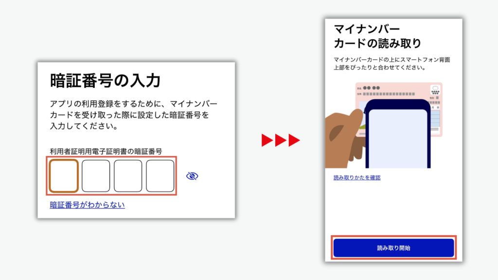 暗証番号の入力をして、マイナンバーカードの読み取りをしたら設定完了！